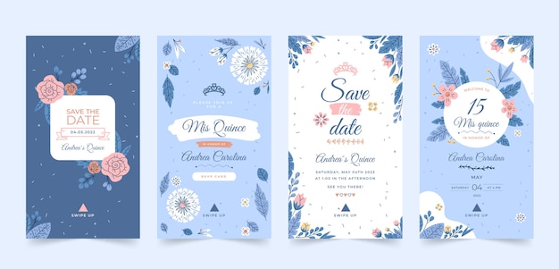 Free vector hand drawn quinceanera instagram stories collection