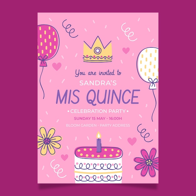 Modello di invito quinceañera disegnato a mano