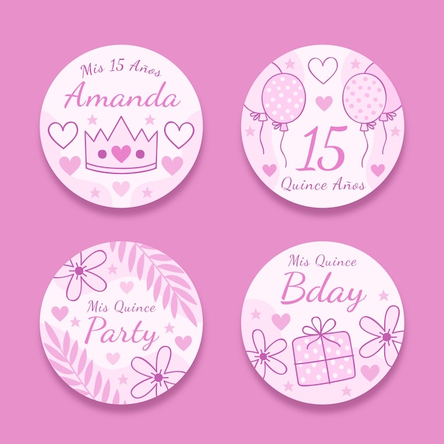 Free vector hand drawn quinceanera labels collection