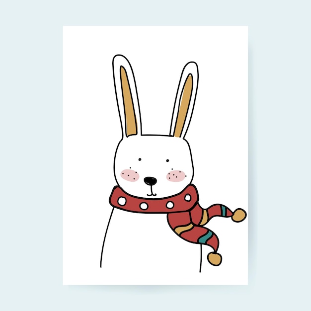 Hand drawn rabbit character with scarf, winter season