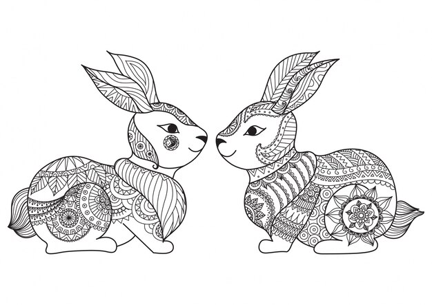 Hand drawn rabbit couple