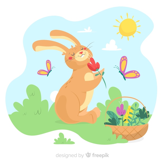 Vettore gratuito sfondo di primavera coniglio disegnato a mano
