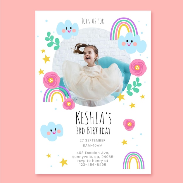 Free vector hand drawn rainbow birthday invitation template with photo