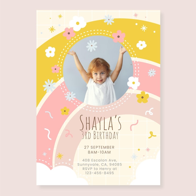 Free vector hand drawn rainbow birthday invitation template with photo