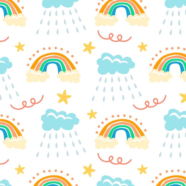 Hand drawn rainbow and rain pattern