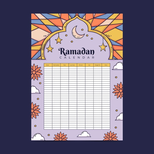 Modello di calendario ramadan disegnato a mano