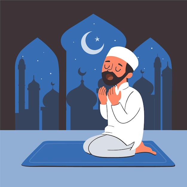 Нарисованная рукой иллюстрация рамадана с молящимся человеком