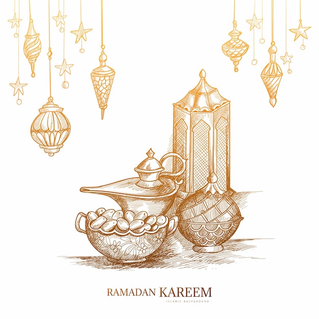 Hand drawn ramadan kareem greeting card sketch design