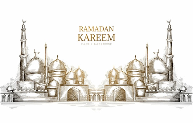 Hand drawn ramadan kareem greeting card with mosque sketch