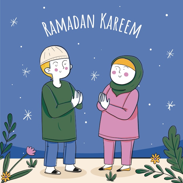 Vettore gratuito illustrazione disegnata a mano dei bambini del ramadan