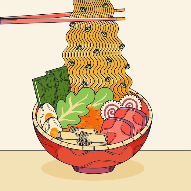 Vettore gratuito illustrazione di ramen disegnata a mano