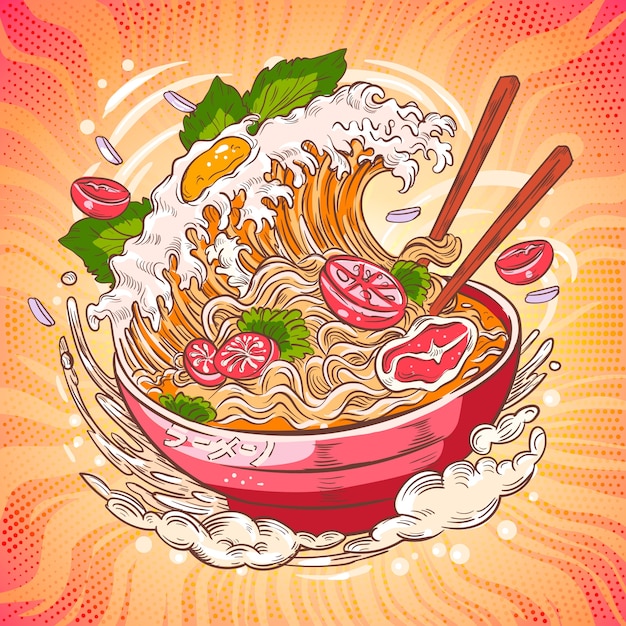 無料ベクター 手描きのラーメンイラスト