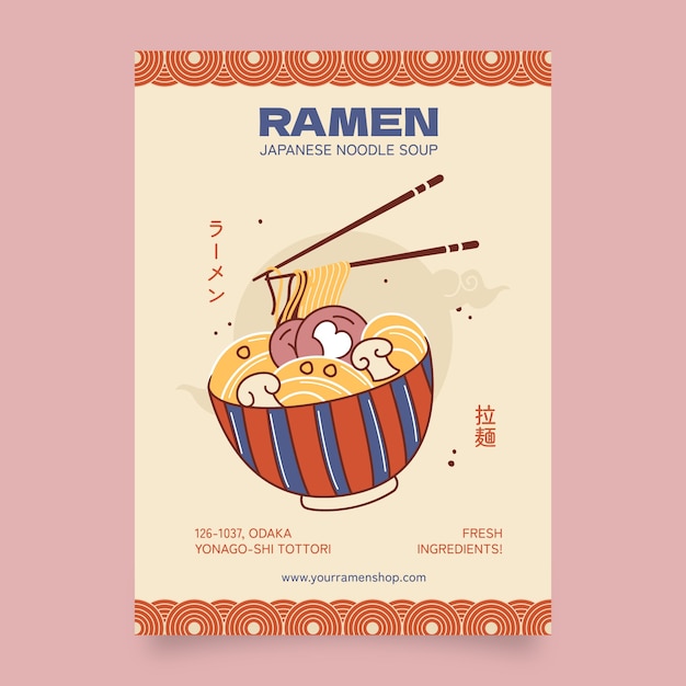 Vettore gratuito modello di poster di ramen disegnato a mano