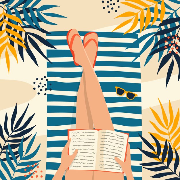 Нарисованная рукой книга для чтения на пляже иллюстрации