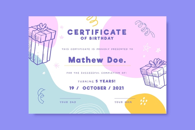 Certificato di compleanno realistico disegnato a mano