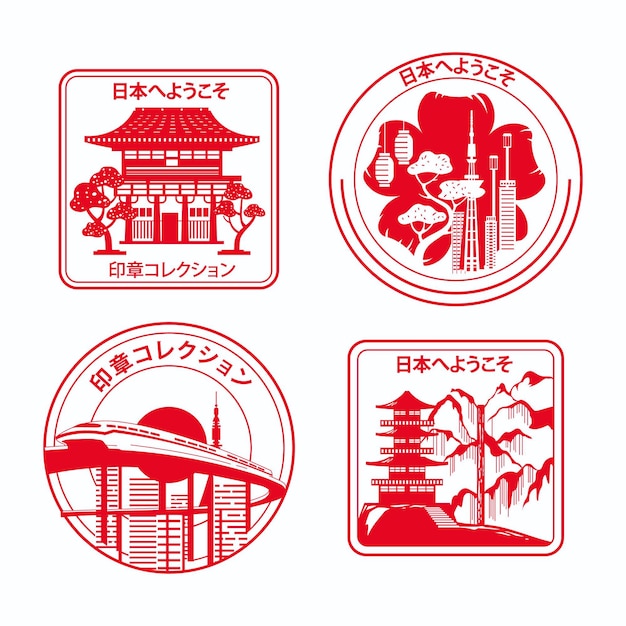 Hand drawn red city stamps