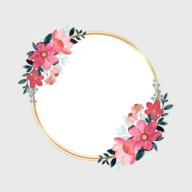 Hand drawn red green floral wreath with golden circles