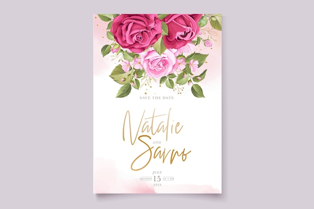 手描きの赤いバラの結婚式の招待カードのテンプレート