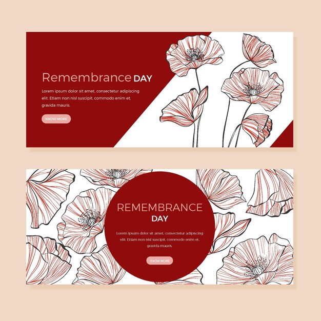 Hand drawn remembrance day horizontal banners set