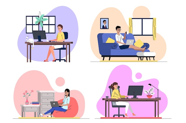 Free vector hand drawn remote working scenes