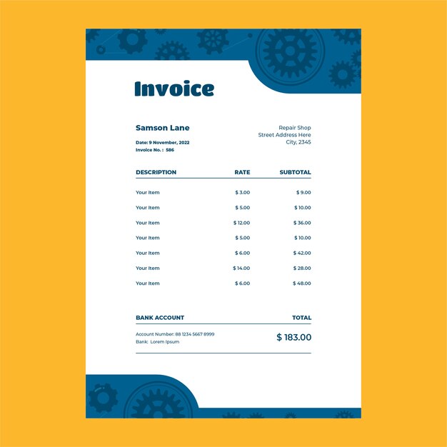Hand drawn repair shop invoice template