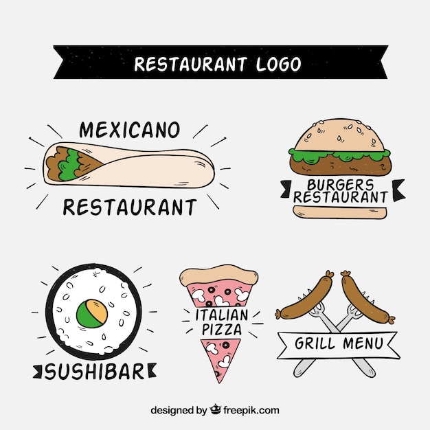 Free vector hand drawn restaurant logos with variety of food
