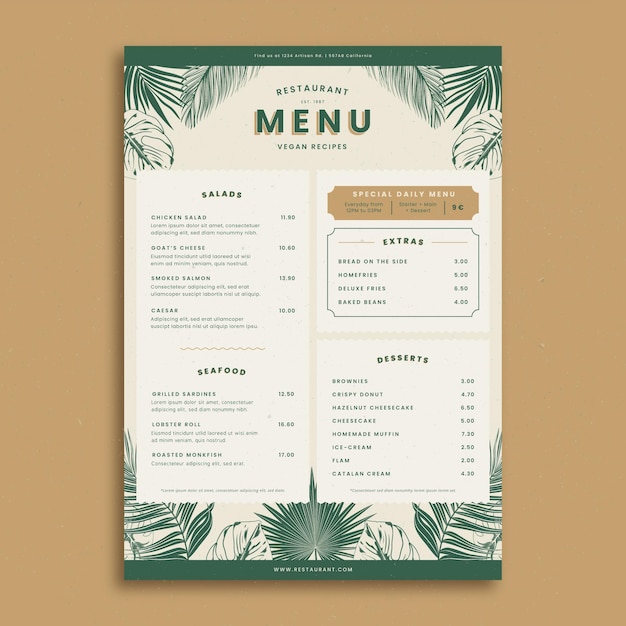 Vettore gratuito modello di menu del ristorante disegnato a mano