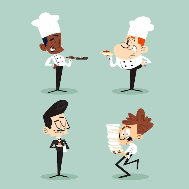 Free vector hand-drawn retro cartoon characters collection with chefs