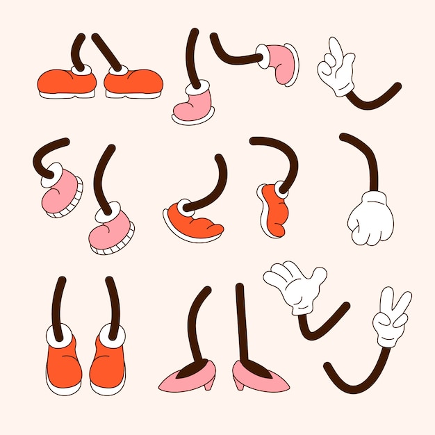 Hand drawn retro cartoon hand and feet illustration