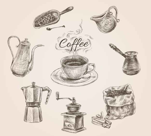 手描きのレトロなコーヒーセット
