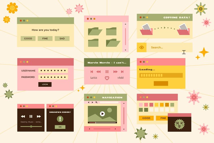 無料Vector 手描きのレトロなコンピューターの windows 要素セット