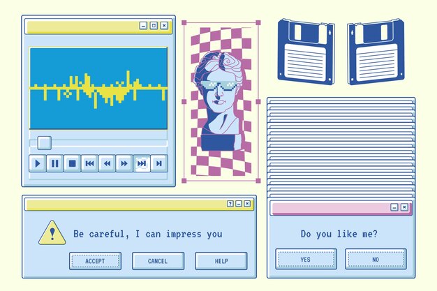 手描きのレトロなコンピューターの windows 要素