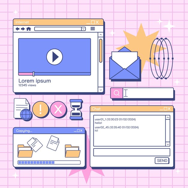 Hand drawn retro computer windows elements