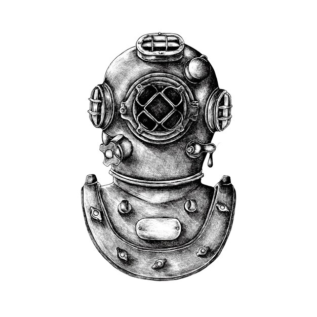 Hand drawn retro diving helmet