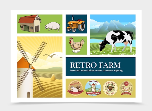 Free vector hand drawn retro farm composition