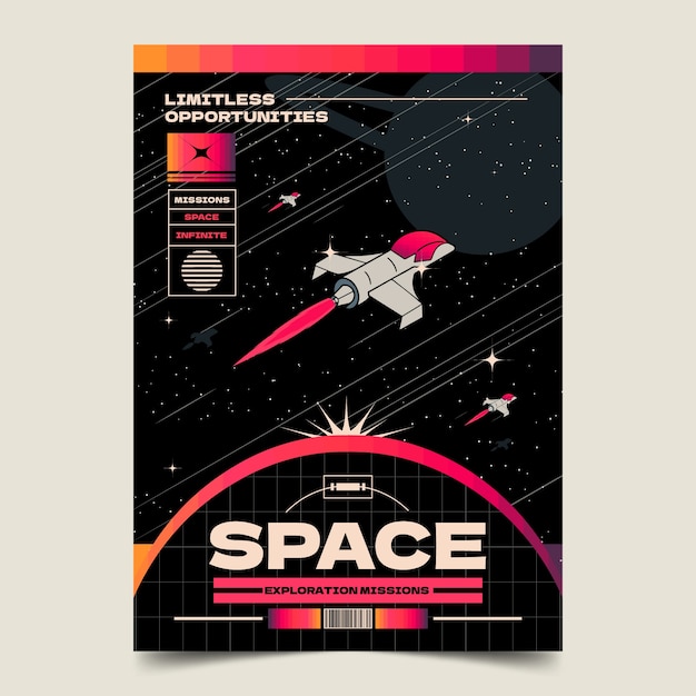 Vettore gratuito modello di poster spaziale retro disegnato a mano