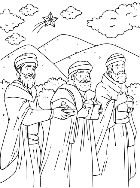 Free vector hand drawn reyes magos coloring page illustration