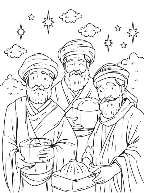 Free vector hand drawn reyes magos coloring page illustration