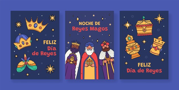 Бесплатное векторное изображение Коллекция открыток reyes magos, нарисованных вручную