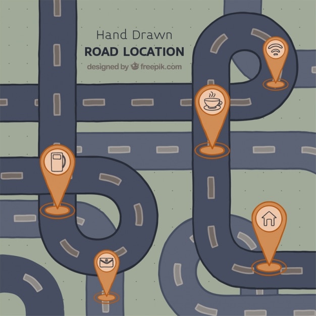 Free Vector hand-drawn road map with five landmarks