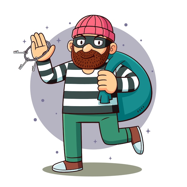Бесплатное векторное изображение Иллюстрация мультфильма о грабителе, нарисованная вручную