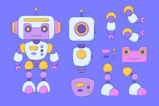 無料ベクター 手描きロボット キャラクター コンストラクター イラスト