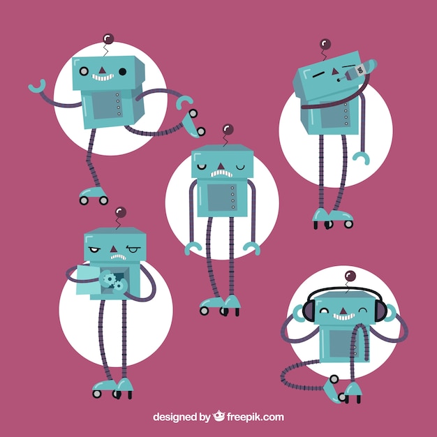 Hand drawn robot character with different poses collection