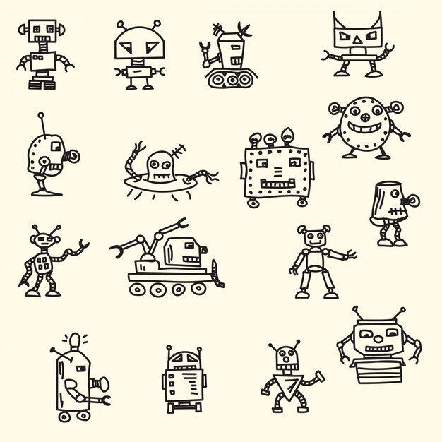 Doodle handrawn robots Векторная иллюстрация