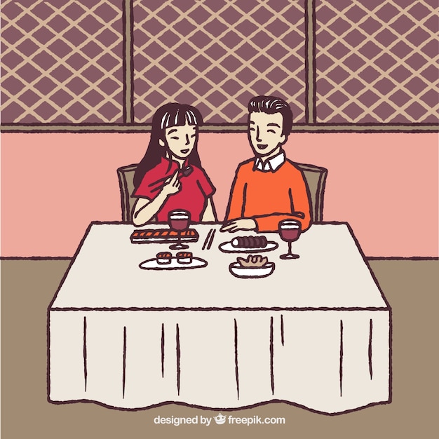 Free vector hand drawn romantic couple in restaurant