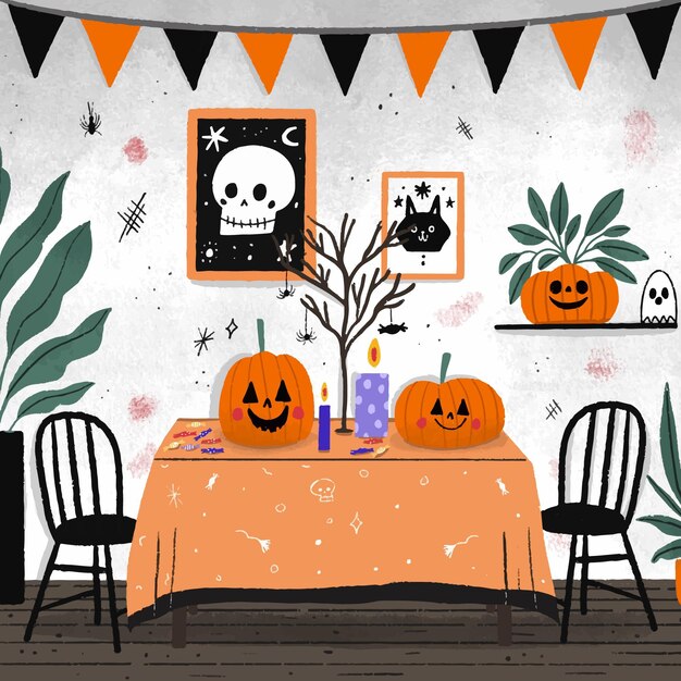 Vettore gratuito stanza disegnata a mano decorata con elementi di halloween