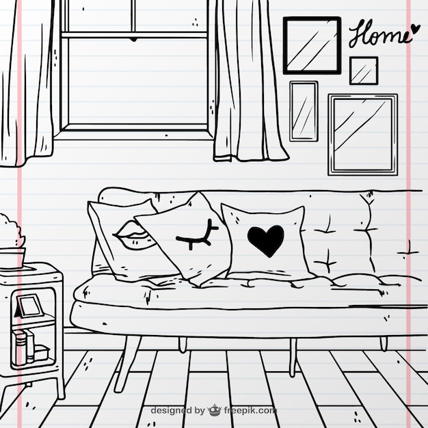 Hand-drawn room with couch and window