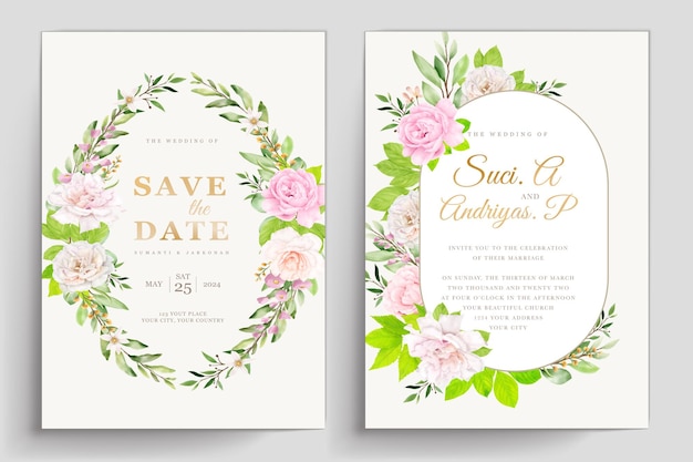 Hand drawn roses and green leaves wedding invitation card set