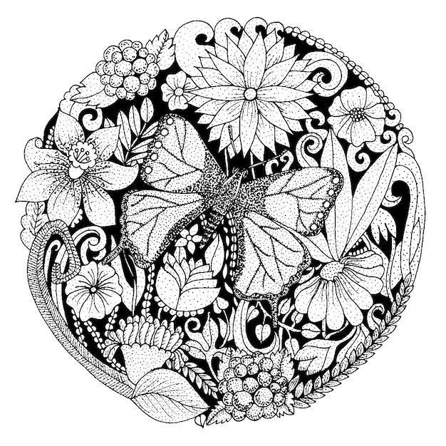 Hand drawn rounded composition with flowers, butterfly, leaves. Nature design for relax, meditation. Vector black and white illustration