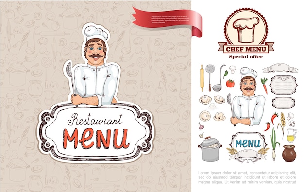 Free vector hand drawn russian cuisine restaurant concept with chef holding strainer vegetables kitchenware juice mushrooms bowl of soup dumplings   illustration